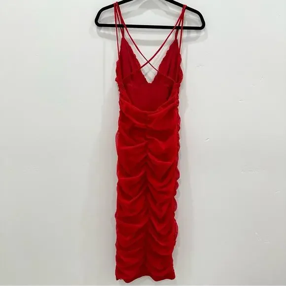 Michael Costello Red Ruched Bodycon Midi Dress with Crisscross Back - Picture 8 of 11